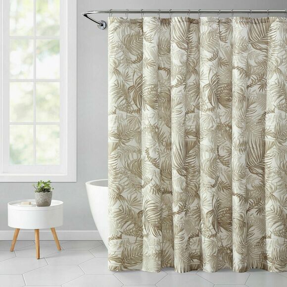 Palm Leaf Shower Curtain Brown Taupe White Polyester 72 x 72-in Ribbed Textured - Picture 2 of 4
